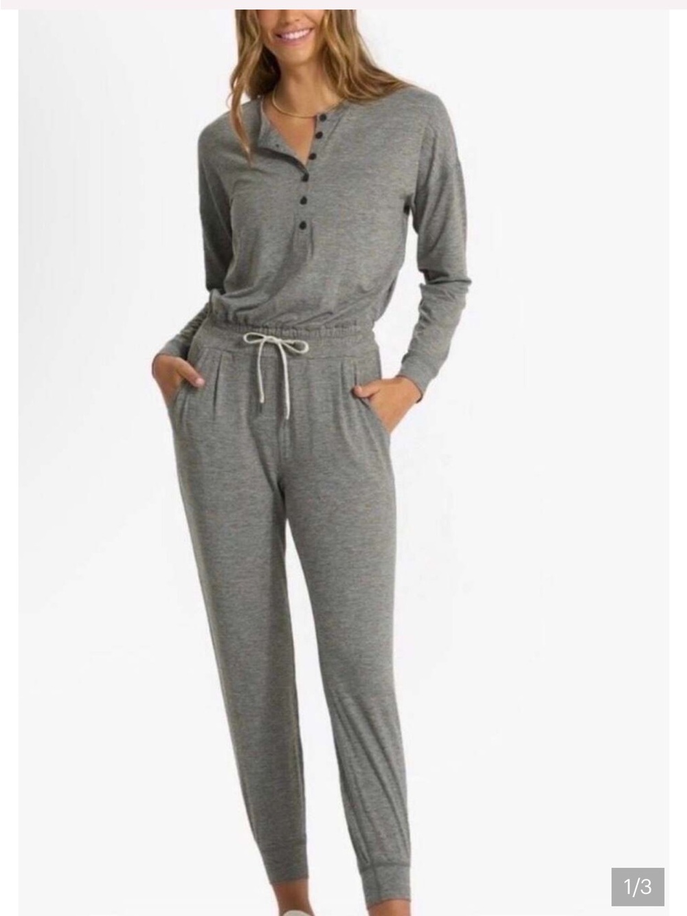 Vuori Oregano Heather Lux Henley Jumpsuit. See measurements.